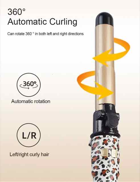 Leopard-print automatic curling wand shown on a clean light background, highlighting 360-degree rotation and left/right curl directions with arrows and feature icons.