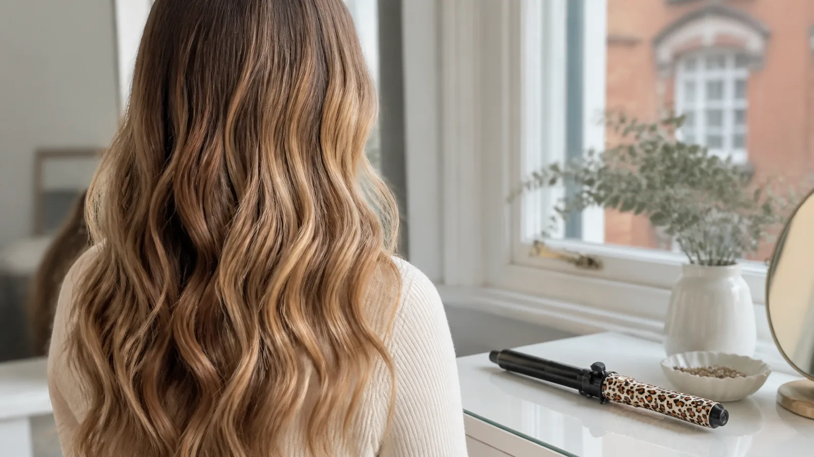 Soft brushed beach waves styled at home with an automatic hair curler nearby