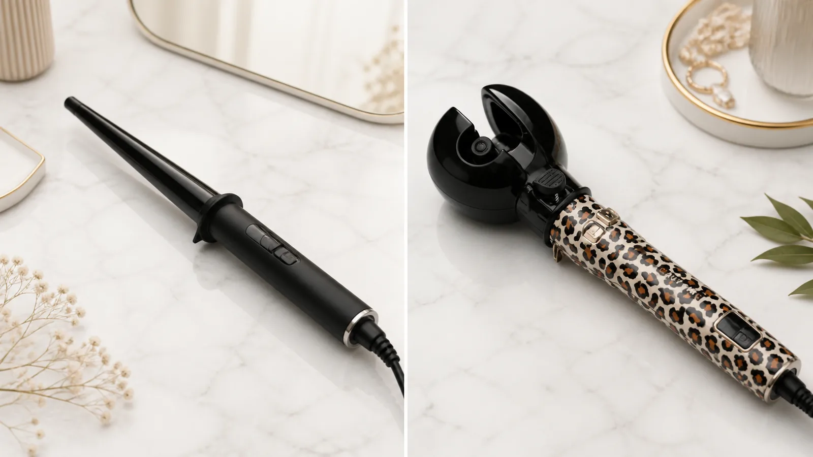 Side-by-side comparison of a curling wand and an automatic rotating hair curler on a vanity
